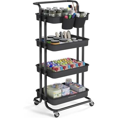SONGMICS Chariot de Rangement, 4 Niveaux, Desserte sur roulettes, Étagère, Poignée, 2 Pots, 2 Freins, Paniers en Plastique, Montage Facile, Chambre, Cuisine, Noir BSC077BZ01 - Publicité SONGMICS Chariot de Rangement, 4 Niveaux, Desserte sur roulettes, Étagère, Poignée, 2 Pots, 2 Freins, Paniers en Plastique, Montage Facile, Chambre, Cuisine, Noir BSC077BZ01 - Publicité