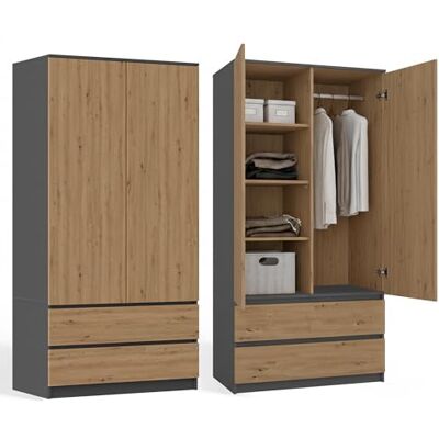CDF Armoire Chambre 2 Portes 2 Tiroirs avec Etagères, Adult Bedroom Armoire Une Tringle Dressing Placard Multifonction Meuble de Penderie Panneau Stratifié 16mm Largeur 90 cm Chêne Artisan/Anthracite - Publicité CDF Armoire Chambre 2 Portes 2 Tiroirs avec Etagères, Adult Bedroom Armoire Une Tringle Dressing Placard Multifonction Meuble de Penderie Panneau Stratifié 16mm Largeur 90 cm Chêne Artisan/Anthracite - Publicité