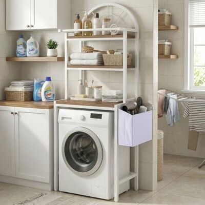 YITAHOME Étagère à Placer au-Dessus d'une Machine à Laver ou de Toilettes, avec 3 étagères, Design arqué, Structure en métal et Bois avec Sac de Rangement en Tissu, 64,5 x 190 x 40 cm, Blanche - Publicité YITAHOME Étagère à Placer au-Dessus d'une Machine à Laver ou de Toilettes, avec 3 étagères, Design arqué, Structure en métal et Bois avec Sac de Rangement en Tissu, 64,5 x 190 x 40 cm, Blanche - Publicité