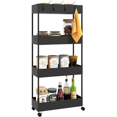 HOMCOM Chariot de cuisine à 4 niveaux, étagère de rangement avec roulettes, chariot de cuisine avec freins, chariot de service pour cuisine, chambre à coucher, salon, plastique, noir, 40 x 19 x 90 cm - Publicité HOMCOM Chariot de cuisine à 4 niveaux, étagère de rangement avec roulettes, chariot de cuisine avec freins, chariot de service pour cuisine, chambre à coucher, salon, plastique, noir, 40 x 19 x 90 cm - Publicité