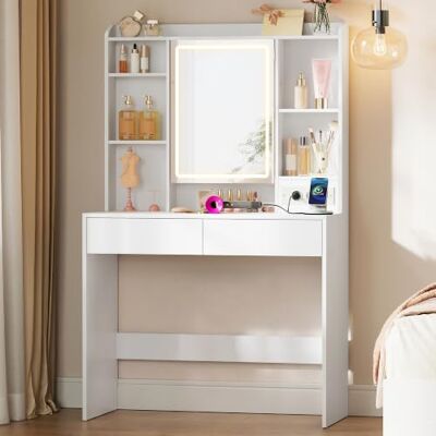 VASAGLE Kailyn Collection Coiffeuse avec Miroir LED, 3 Couleurs, Luminosité Réglable, Multiprise, Table de Maquillage, Grand, Étagère de Rangement Réglable, 2 Tiroirs, Moderne, Blanc RDT143WB01 - Publicité VASAGLE Kailyn Collection Coiffeuse avec Miroir LED, 3 Couleurs, Luminosité Réglable, Multiprise, Table de Maquillage, Grand, Étagère de Rangement Réglable, 2 Tiroirs, Moderne, Blanc RDT143WB01 - Publicité