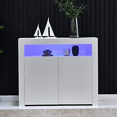 Merax Buffet avec éclairage LED, blanc brillant, armoire de rangement, armoire d'appoint avec 2 portes, étagères ouvertes, buffet moderne pour salle à manger, salon, cuisine, 108 x 92 x 40 cm - Publicité Merax Buffet avec éclairage LED, blanc brillant, armoire de rangement, armoire d'appoint avec 2 portes, étagères ouvertes, buffet moderne pour salle à manger, salon, cuisine, 108 x 92 x 40 cm - Publicité