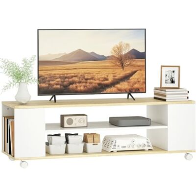 HOMCOM Meuble TV avec roulettes 120 cm, meuble télé pour téléviseur jusqu'à 55 pouces avec 2 étagères ouvertes, style moderne, montage au sol/au mur, banc TV pour salon, chambre, blanc et bois naturel - Publicité HOMCOM Meuble TV avec roulettes 120 cm, meuble télé pour téléviseur jusqu'à 55 pouces avec 2 étagères ouvertes, style moderne, montage au sol/au mur, banc TV pour salon, chambre, blanc et bois naturel - Publicité