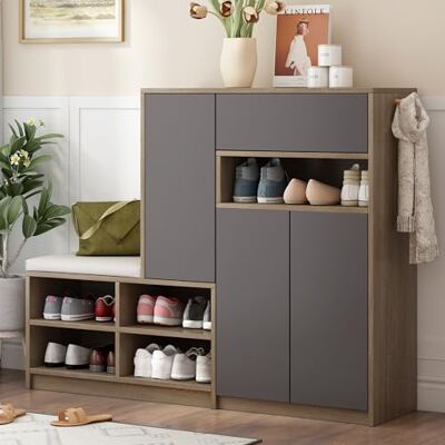 BTM Banc & Rangement à Chaussures, Banc Rembourré, Organisateur Polyvalent avec étagères Réglables, Meuble à Chaussures Shoe Cabinet, Gris, B140/T35/H110cm - Publicité BTM Banc & Rangement à Chaussures, Banc Rembourré, Organisateur Polyvalent avec étagères Réglables, Meuble à Chaussures Shoe Cabinet, Gris, B140/T35/H110cm - Publicité