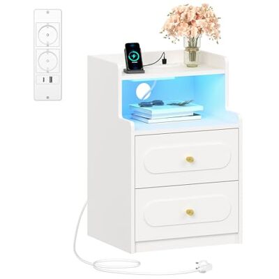 HEXCELEN Table de Chevet avec Lumière LED et Multiprise, Table de Nuit avec 2 Tiroirs et 1 Compartiment Ouvert, Tables d'appoint avec Rangement, pour Chambre à Coucher, Salon, Moderne, Blanc - Publicité HEXCELEN Table de Chevet avec Lumière LED et Multiprise, Table de Nuit avec 2 Tiroirs et 1 Compartiment Ouvert, Tables d'appoint avec Rangement, pour Chambre à Coucher, Salon, Moderne, Blanc - Publicité