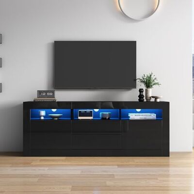 Merax Meuble TV à LED noir brillant avec commande par application, Bluetooth, 3 compartiments ouverts, 2 portes, 2 tiroirs, push-to-open, pour téléviseur jusqu'à 70", 160 x 35 x 60 cm - Publicité Merax Meuble TV à LED noir brillant avec commande par application, Bluetooth, 3 compartiments ouverts, 2 portes, 2 tiroirs, push-to-open, pour téléviseur jusqu'à 70", 160 x 35 x 60 cm - Publicité