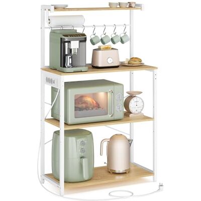 VASAGLE Étagère de Cuisine avec Multiprise, Bar à Café sur 4 Niveaux avec 8 Crochets en S, Étagère Réglable, Support pour Micro-Ondes, 40 x 80 x 140 cm, Doré Chêne et Blanc Nuage KKS029YA02 - Publicité VASAGLE Étagère de Cuisine avec Multiprise, Bar à Café sur 4 Niveaux avec 8 Crochets en S, Étagère Réglable, Support pour Micro-Ondes, 40 x 80 x 140 cm, Doré Chêne et Blanc Nuage KKS029YA02 - Publicité