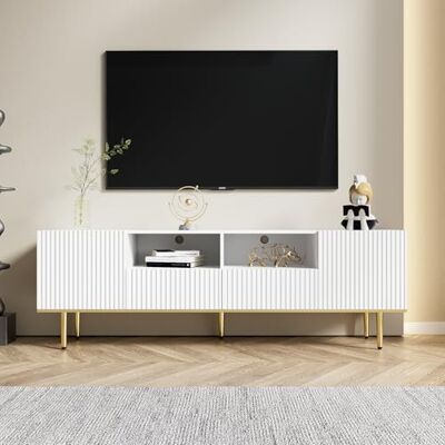 BTM Meuble TV Bas, Meuble TV Chambre avec 2 tiroirs et 2 Portes, Rangement avec des Pieds et Un Bord dorés, Banc TV Blanc, 165x36x50 cm - Publicité BTM Meuble TV Bas, Meuble TV Chambre avec 2 tiroirs et 2 Portes, Rangement avec des Pieds et Un Bord dorés, Banc TV Blanc, 165x36x50 cm - Publicité