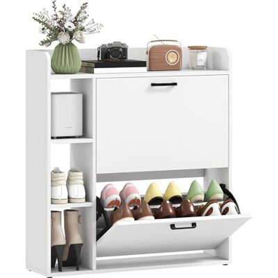 HOMCOM Meuble à Chaussures 15 Paires, Armoire à Chaussures Moderne avec 2 Tiroirs Rabattables, Étagères Réglables, 3 Étagères Latéraux, pour Couloir et Entrée, 83 x 24 x 90,5 cm, Blanc - Publicité HOMCOM Meuble à Chaussures 15 Paires, Armoire à Chaussures Moderne avec 2 Tiroirs Rabattables, Étagères Réglables, 3 Étagères Latéraux, pour Couloir et Entrée, 83 x 24 x 90,5 cm, Blanc - Publicité