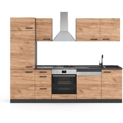 Vicco Ligne de Cuisine Optima, Chêne doré/Anthracite, 270cm sans Plan de Travail, avec Armoire Haute, adapté à Une Disposition et Une Extension personnalisées - Publicité Vicco Ligne de Cuisine Optima, Chêne doré/Anthracite, 270cm sans Plan de Travail, avec Armoire Haute, adapté à Une Disposition et Une Extension personnalisées - Publicité