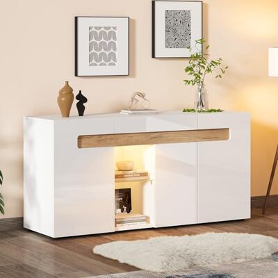 Merax Bahut avec éclairage LED, placard de cuisine avec 3 portes et étagères en verre ouvertes, buffet moderne à haut brillant, placard de rangement polyvalent pour salle à manger, salon, cuisine - Publicité Merax Bahut avec éclairage LED, placard de cuisine avec 3 portes et étagères en verre ouvertes, buffet moderne à haut brillant, placard de rangement polyvalent pour salle à manger, salon, cuisine - Publicité