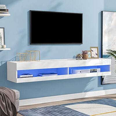 Merax Meuble TV bas à suspendre avec éclairage LED Blanc brillant avec beaucoup d'espace de rangement pour votre salon 140 x 40 x 30,5 cm - Publicité Merax Meuble TV bas à suspendre avec éclairage LED Blanc brillant avec beaucoup d'espace de rangement pour votre salon 140 x 40 x 30,5 cm - Publicité