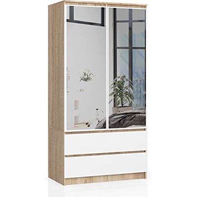 AKORD Armoire 2 Portes Armoir Chambre 2 Tiroirs 2 Etagères et Une Tringle et Miroir L90 x H180 x P51 cm Panneau Stratifié 16mm Armoire sans Penderie Chambre Rangement - Publicité AKORD Armoire 2 Portes Armoir Chambre 2 Tiroirs 2 Etagères et Une Tringle et Miroir L90 x H180 x P51 cm Panneau Stratifié 16mm Armoire sans Penderie Chambre Rangement - Publicité