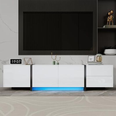 Merax Meuble TV 170 x 30 x 39 cm avec LED, meuble bas brillant avec pieds noirs, trois portes, tiroir et porte battante, beaucoup d'espace de rangement pour le salon, blanc - Publicité Merax Meuble TV 170 x 30 x 39 cm avec LED, meuble bas brillant avec pieds noirs, trois portes, tiroir et porte battante, beaucoup d'espace de rangement pour le salon, blanc - Publicité