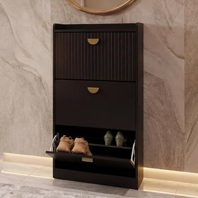 Mendler Armoire à Chaussures HWC-O39 Mélamine Métal 117x60x24cm Aspect Bois Noir - Publicité Mendler Armoire à Chaussures HWC-O39 Mélamine Métal 117x60x24cm Aspect Bois Noir - Publicité
