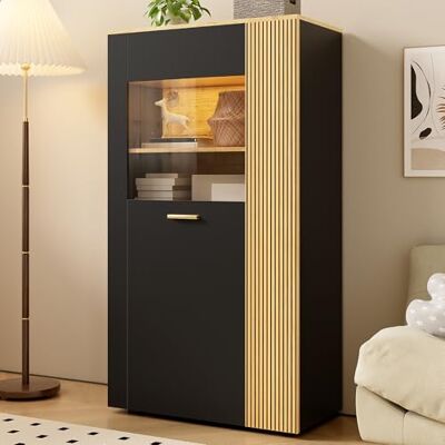 Merax Armoire de rangement LED multifonction avec portes en verre, 3 étagères fixes et 2 étagères réglables, gestion des câbles, meuble moderne pour salon et bureau à domicile, noir - Publicité Merax Armoire de rangement LED multifonction avec portes en verre, 3 étagères fixes et 2 étagères réglables, gestion des câbles, meuble moderne pour salon et bureau à domicile, noir - Publicité