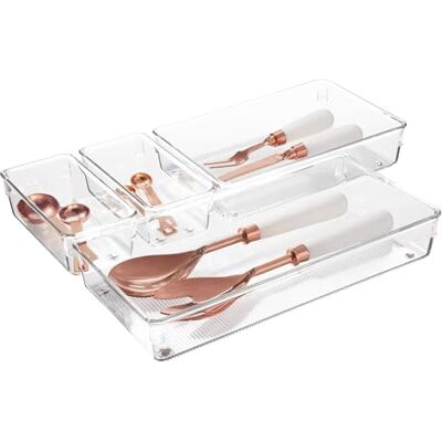 InterDesign iDesign Ensemble de 4 organiseurs de tiroir de cuisine en plastique recyclé – Collection Linus – Transparent - Publicité InterDesign iDesign Ensemble de 4 organiseurs de tiroir de cuisine en plastique recyclé – Collection Linus – Transparent - Publicité