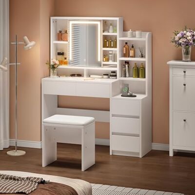 YITAHOME Coiffeuse avec Miroir et Tabouret Blanche, Grand Miroir LED à Luminosité Réglable vanité de Maquillage avec 5 Tiroirs Compartiments Ouverts Étagères Réglables 3 luminosités réglables, Blanc - Publicité YITAHOME Coiffeuse avec Miroir et Tabouret Blanche, Grand Miroir LED à Luminosité Réglable vanité de Maquillage avec 5 Tiroirs Compartiments Ouverts Étagères Réglables 3 luminosités réglables, Blanc - Publicité