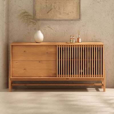 IDIMEX Buffet Adamo L 145 cm en Bois Massif Couleur Chêne avec 1 Porte Coulissante, 2 Tiroirs, Design Chaleureux à Lamelles, avec Étagère Réglable en Hauteur, Meuble Salon avec Rangement Varié - Publicité IDIMEX Buffet Adamo L 145 cm en Bois Massif Couleur Chêne avec 1 Porte Coulissante, 2 Tiroirs, Design Chaleureux à Lamelles, avec Étagère Réglable en Hauteur, Meuble Salon avec Rangement Varié - Publicité