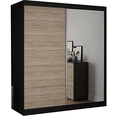 Fabryka Mebli Idźczak Armoire À Portes Coulissantes Élégante Bella 03 Penderie Avec Miroir Pour Chambre Et Salon Design Moderne (Noir/Sonoma) - Publicité Fabryka Mebli Idźczak Armoire À Portes Coulissantes Élégante Bella 03 Penderie Avec Miroir Pour Chambre Et Salon Design Moderne (Noir/Sonoma) - Publicité