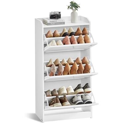 VASAGLE Meuble à Chaussure, Rangement Chaussure, 3 Abattants, Plateau Supérieur, Rebords Surélevés, Cloison Ajustable, 12 à 20 Paires, 24 x 60 x 121,2 cm, Blanc Nuage LBC036WB01 - Publicité VASAGLE Meuble à Chaussure, Rangement Chaussure, 3 Abattants, Plateau Supérieur, Rebords Surélevés, Cloison Ajustable, 12 à 20 Paires, 24 x 60 x 121,2 cm, Blanc Nuage LBC036WB01 - Publicité
