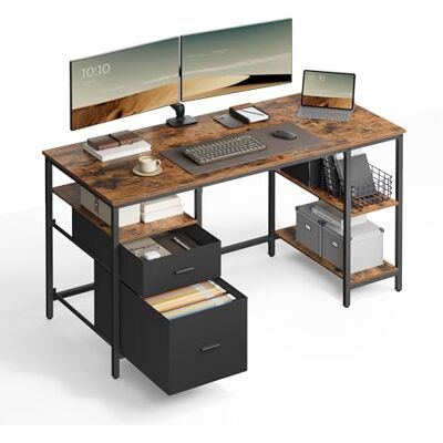 VASAGLE Bureau d’Ordinateur, Table avec Rangement, 3 Étagères, 2 Tiroirs, 140 x 60 x 76 cm, pour Bureau, Salon, Style Industriel, Marron Rustique et Noir Mat LWD104B01 - Publicité VASAGLE Bureau d’Ordinateur, Table avec Rangement, 3 Étagères, 2 Tiroirs, 140 x 60 x 76 cm, pour Bureau, Salon, Style Industriel, Marron Rustique et Noir Mat LWD104B01 - Publicité