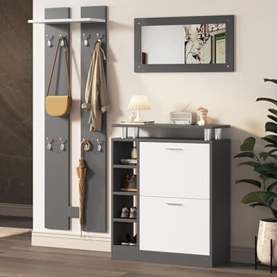 Merax Lot de 3 vestiaires pour couloir Programmes complets avec 1 armoire à chaussures, 1 miroir mural et 2 panneaux de garde-robe Porte-manteau mural avec étagère Ensemble de garde-robe élégant - Publicité Merax Lot de 3 vestiaires pour couloir Programmes complets avec 1 armoire à chaussures, 1 miroir mural et 2 panneaux de garde-robe Porte-manteau mural avec étagère Ensemble de garde-robe élégant - Publicité