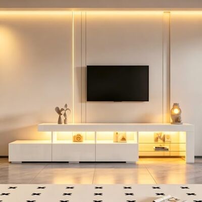 BTM Meuble TV Blanc avec façade Brillante et éclairage LED, 3 tiroirs pour téléviseur jusqu'à 75 Pouces, Dimensions 180 x 35 x 45 cm pour Salon, Chambre et Salle à Manger - Publicité BTM Meuble TV Blanc avec façade Brillante et éclairage LED, 3 tiroirs pour téléviseur jusqu'à 75 Pouces, Dimensions 180 x 35 x 45 cm pour Salon, Chambre et Salle à Manger - Publicité