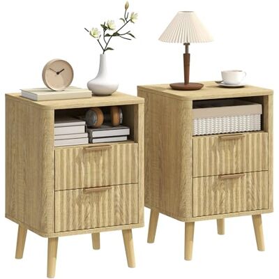 HOMCOM Lot de 2 Tables de Chevet, Tables de Nuit avec 2 tiroirs et Compartiment Ouvert, Coins arrondis, texturé en Vague, Pieds en Bois Massif, Style Moderne, pour Chambre à Coucher, Salon, chêne - Publicité HOMCOM Lot de 2 Tables de Chevet, Tables de Nuit avec 2 tiroirs et Compartiment Ouvert, Coins arrondis, texturé en Vague, Pieds en Bois Massif, Style Moderne, pour Chambre à Coucher, Salon, chêne - Publicité