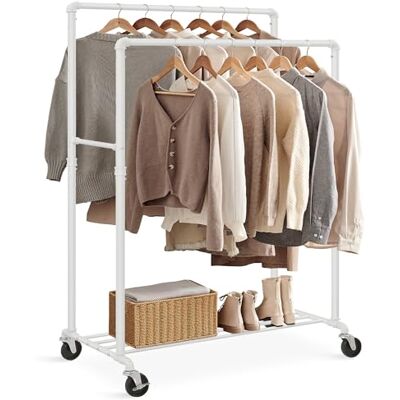 SONGMICS Tringle à vêtements avec 2 tringles et étagère, roulettes, Charge maximale 110 kg, Design Industriel, pour Chambre à Coucher, Dressing, Blanc HSR060W01 - Publicité SONGMICS Tringle à vêtements avec 2 tringles et étagère, roulettes, Charge maximale 110 kg, Design Industriel, pour Chambre à Coucher, Dressing, Blanc HSR060W01 - Publicité