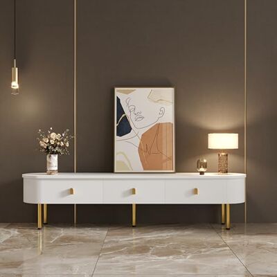 Merax Meuble TV Bas 174 cm Blanc, Lowboard Moderne avec Tiroirs, Poignées et Pieds Dorés, Meuble Télé Design avec Bords Arrondis, Grand Rangement Salon - Publicité Merax Meuble TV Bas 174 cm Blanc, Lowboard Moderne avec Tiroirs, Poignées et Pieds Dorés, Meuble Télé Design avec Bords Arrondis, Grand Rangement Salon - Publicité