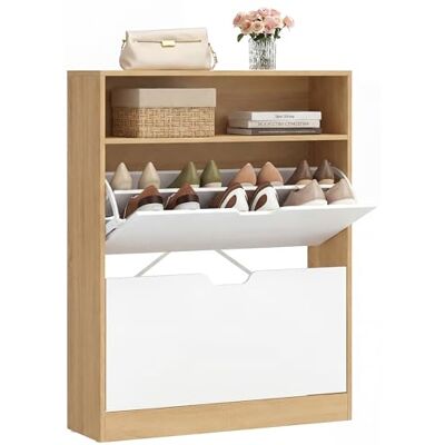 VASAGLE Meuble à Chaussures, Compartiment Ouvert, Séparateur Réglable, 2 Portes Battantes, 24 x 80 x 102 cm, 14 à 16 Paires, pour Petite Entrée, Doré Chêne et Blanc Nuage LBC048YA02 - Publicité VASAGLE Meuble à Chaussures, Compartiment Ouvert, Séparateur Réglable, 2 Portes Battantes, 24 x 80 x 102 cm, 14 à 16 Paires, pour Petite Entrée, Doré Chêne et Blanc Nuage LBC048YA02 - Publicité