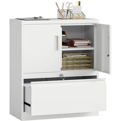 HOMCOM Armoire de rangement verrouillable en acier avec tiroir, 2 portes, étagères réglables, armoire de rangement, polyvalente, blanche - Publicité HOMCOM Armoire de rangement verrouillable en acier avec tiroir, 2 portes, étagères réglables, armoire de rangement, polyvalente, blanche - Publicité