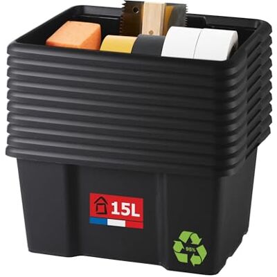 Sundis Bac de rangement 15L, lot de 10, en plastique recyclé noir, L.38xl.29x H19,5cm, empilable et superposable, multiusage, idéal pour l’atelier, le bricolage ou le transport - Publicité Sundis Bac de rangement 15L, lot de 10, en plastique recyclé noir, L.38xl.29x H19,5cm, empilable et superposable, multiusage, idéal pour l’atelier, le bricolage ou le transport - Publicité