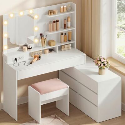 VASAGLE Kailyn Collection Coiffeuse avec Miroir LED et Tabouret, Multiprise, 8 Tiroirs, 3 Étagères, Éclairage 3 Couleurs, Modulable en Ligne ou en L, Style Moderne, Blanc Nuage RDT140WB01-01 - Publicité VASAGLE Kailyn Collection Coiffeuse avec Miroir LED et Tabouret, Multiprise, 8 Tiroirs, 3 Étagères, Éclairage 3 Couleurs, Modulable en Ligne ou en L, Style Moderne, Blanc Nuage RDT140WB01-01 - Publicité