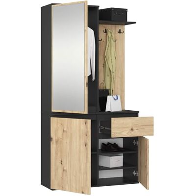 AKORD Ensemble de Vestiaire d'Entrée avec Miroir 95 cm, 3 Portes, 1 Tiroir, 7 Étagères Meuble d'Entrée Optimum pour Petits Espaces Couloir ou Entrée Étroit Noir & Chêne-Artisanalal - Publicité AKORD Ensemble de Vestiaire d'Entrée avec Miroir 95 cm, 3 Portes, 1 Tiroir, 7 Étagères Meuble d'Entrée Optimum pour Petits Espaces Couloir ou Entrée Étroit Noir & Chêne-Artisanalal - Publicité