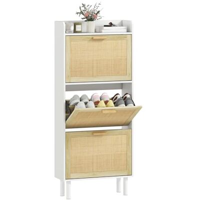 HOMCOM Meuble à Chaussures étagère à Chaussures Armoire 3 Portes abattants 18 Paires, Effet résine tressée Design bohème dim. 65L x 24,5l x 153H cm Naturel - Publicité HOMCOM Meuble à Chaussures étagère à Chaussures Armoire 3 Portes abattants 18 Paires, Effet résine tressée Design bohème dim. 65L x 24,5l x 153H cm Naturel - Publicité