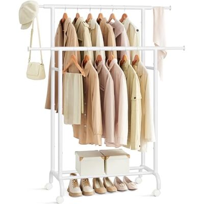 SONGMICS Porte-Manteau à Roulettes, Portant à Vêtements Double Barre, Porte-vêtements Extensible, Structure en Métal Robuste, Capacité Totale 80 kg, 83-120 cm de Large, Blanc Nuage HSR133W01 - Publicité SONGMICS Porte-Manteau à Roulettes, Portant à Vêtements Double Barre, Porte-vêtements Extensible, Structure en Métal Robuste, Capacité Totale 80 kg, 83-120 cm de Large, Blanc Nuage HSR133W01 - Publicité