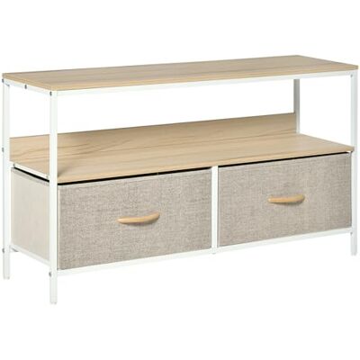 HOMCOM Meuble TV Bas sur Pieds Support TV pour télévison jusqu'à 47 Pouces Style Industriel 2 tiroirs en Tissu Gris Bois Naturel et métal Blanc - Publicité HOMCOM Meuble TV Bas sur Pieds Support TV pour télévison jusqu'à 47 Pouces Style Industriel 2 tiroirs en Tissu Gris Bois Naturel et métal Blanc - Publicité