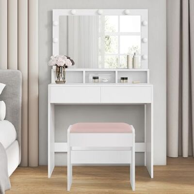 VASAGLE Kailyn Collection Coiffeuse avec Miroir et Lumière, Table de Maquillage, avec Tiroirs, Rangement Bijoux, pour Chambre, avec Tabouret, Largeur de 80 cm, Blanc Nuage RDT720W01 - Publicité VASAGLE Kailyn Collection Coiffeuse avec Miroir et Lumière, Table de Maquillage, avec Tiroirs, Rangement Bijoux, pour Chambre, avec Tabouret, Largeur de 80 cm, Blanc Nuage RDT720W01 - Publicité