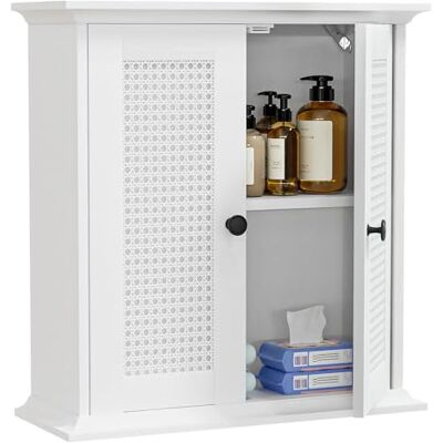 Yorbay Armoire de salle de bain murale blanche avec portes en rotin : armoire à pharmacie suspendue avec étagère réglable Armoire murale pour salon, cuisine et buanderie - Publicité Yorbay Armoire de salle de bain murale blanche avec portes en rotin : armoire à pharmacie suspendue avec étagère réglable Armoire murale pour salon, cuisine et buanderie - Publicité