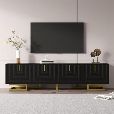 Merax Meuble TV 160 x 38 x 44,5 cm avec portes structurées et poignées et pieds dorés, meuble bas avec 4 portes et étagères intégrées, charnières amortissées, pieds réglables, noir - Publicité Merax Meuble TV 160 x 38 x 44,5 cm avec portes structurées et poignées et pieds dorés, meuble bas avec 4 portes et étagères intégrées, charnières amortissées, pieds réglables, noir - Publicité