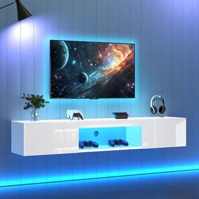 Merax Meuble TV avec éclairage LED, blanc brillant, largeur 160 cm, 2 portes battantes, compartiment ouvert, moderne pour salon, chambre à coucher - Publicité Merax Meuble TV avec éclairage LED, blanc brillant, largeur 160 cm, 2 portes battantes, compartiment ouvert, moderne pour salon, chambre à coucher - Publicité