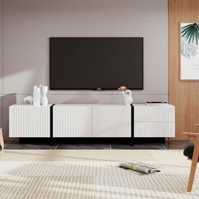 BTM Meuble TV 190, Meuble TV Moderne avec 2 Tiroirs et 3 Poretes, Meuble Télé avec Lignes Noir Grain du Bois, 190x35x45cm, Blanc - Publicité BTM Meuble TV 190, Meuble TV Moderne avec 2 Tiroirs et 3 Poretes, Meuble Télé avec Lignes Noir Grain du Bois, 190x35x45cm, Blanc - Publicité