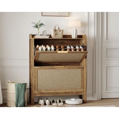 GarveeMore Meuble à Chaussures en rotin entrée, 2 tiroirs basculants, étagères réglables – poignées dorées dissimulées, Design étroit autoportant, Bois - Publicité GarveeMore Meuble à Chaussures en rotin entrée, 2 tiroirs basculants, étagères réglables – poignées dorées dissimulées, Design étroit autoportant, Bois - Publicité