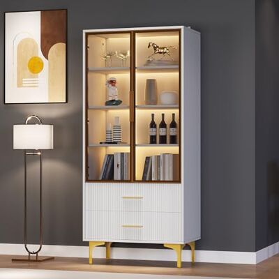 Merax Vitrine sur pied en verre avec lumière LED, 70 x 35 x 150 cm, portes en verre de couleur sarcelle, pieds dorés, étagères et tiroirs réglables, vitrine moderne pour salon et bureau, blanche élégante - Publicité Merax Vitrine sur pied en verre avec lumière LED, 70 x 35 x 150 cm, portes en verre de couleur sarcelle, pieds dorés, étagères et tiroirs réglables, vitrine moderne pour salon et bureau, blanche élégante - Publicité