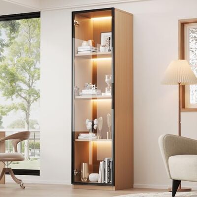 Merax Vitrine avec porte en verre 40×40×165 cm, meuble haut étroit en MDF aspect chêne, avec verre trempé, LED, meuble d'exposition pour salon bureau, couleur bois - Publicité Merax Vitrine avec porte en verre 40×40×165 cm, meuble haut étroit en MDF aspect chêne, avec verre trempé, LED, meuble d'exposition pour salon bureau, couleur bois - Publicité
