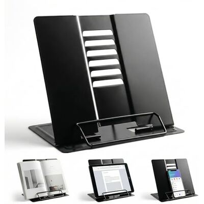 Shteriva support de livre en métal réglable et pliable, pupitre de lecture noir avec repose-livre antidérapant pour livres ouverts, recettes, partitions, tablette (noir) - Publicité Shteriva support de livre en métal réglable et pliable, pupitre de lecture noir avec repose-livre antidérapant pour livres ouverts, recettes, partitions, tablette (noir) - Publicité