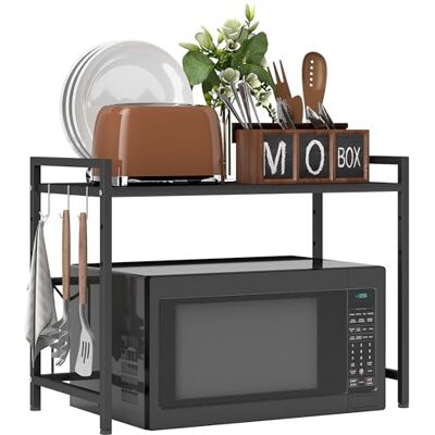 HOMCOM Étagère à Micro-Ondes Extensible à 2 Niveaux, Support pour Four à Micro-Ondes avec 3 Crochets et Cadre en métal, étagère de Rangement pour Cuisine, Bureau, Noir - Publicité HOMCOM Étagère à Micro-Ondes Extensible à 2 Niveaux, Support pour Four à Micro-Ondes avec 3 Crochets et Cadre en métal, étagère de Rangement pour Cuisine, Bureau, Noir - Publicité
