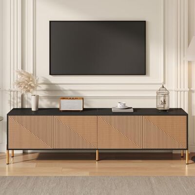 Merax Meuble TV 179 x 35 x 53,5 cm, meuble TV moderne en noir et doré, 4 compartiments fermés, portes sans poignée, pieds en métal, meuble de salon, noir et naturel - Publicité Merax Meuble TV 179 x 35 x 53,5 cm, meuble TV moderne en noir et doré, 4 compartiments fermés, portes sans poignée, pieds en métal, meuble de salon, noir et naturel - Publicité